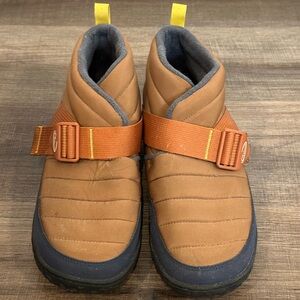 Chaco Brown Sandal with Orange Strap and Yellow Stitching Detail